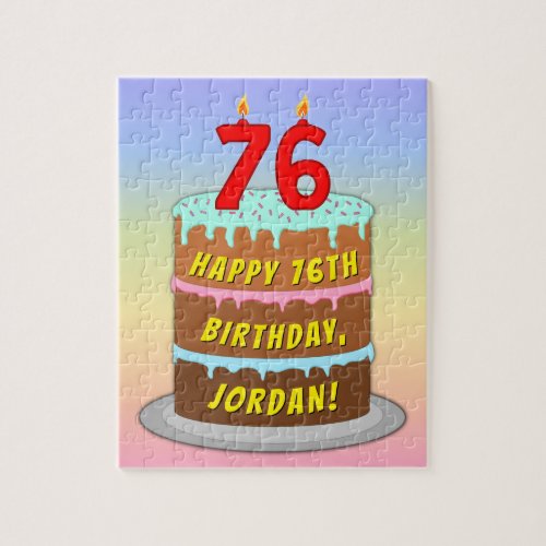 76th Birthday Fun Cake and Candles  Custom Name Jigsaw Puzzle