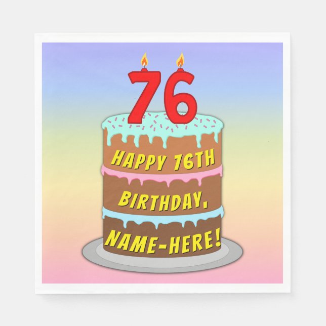 76th Birthday: Fun Cake and Candles + Custom Name Napkins (Front)
