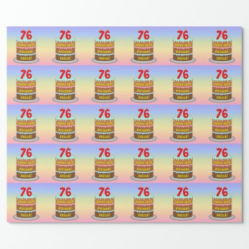 76th Birthday Fun Cake and Candles  Custom Name Wrapping Paper