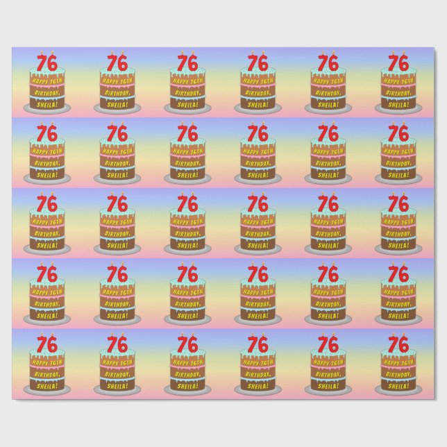 76th Birthday: Fun Cake and Candles + Custom Name Wrapping Paper (Flat)