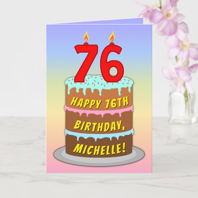 76th Birthday — Fun Cake & Candles, w/ Custom Name Card (Orchid)