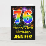 [ Thumbnail: 76th Birthday: Fun Fireworks Pattern + Rainbow 76 Card ]