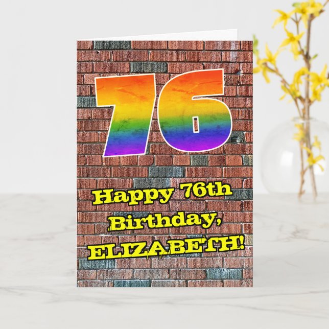 76th Birthday: Fun Graffiti-Inspired Rainbow 76 Card (Yellow Flower)