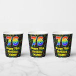 [ Thumbnail: 76th Birthday: Fun Music Notes Pattern, Rainbow 76 Paper Cups ]
