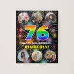 [ Thumbnail: 76th Birthday: Fun Rainbow #, Custom Name + Photos Jigsaw Puzzle ]