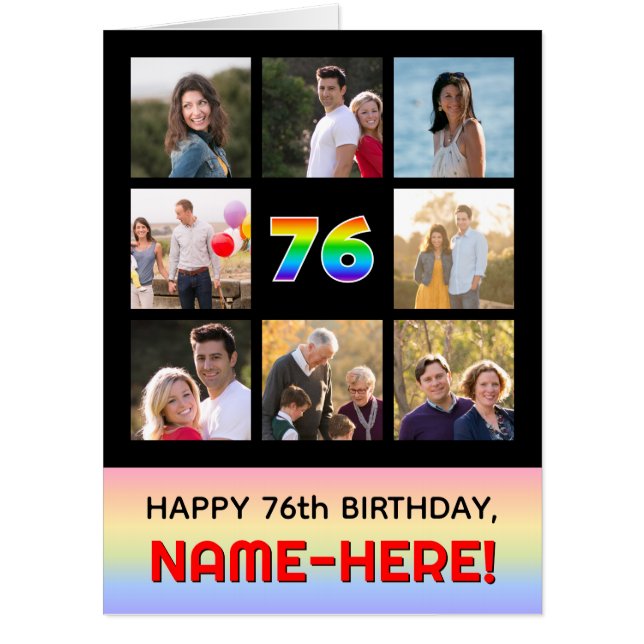 76th Birthday: Fun Rainbow #, Custom Photos & Name Card (Front)