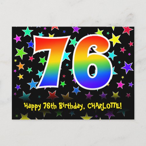 76th Birthday Fun Stars Pattern Rainbow 76 Name Postcard