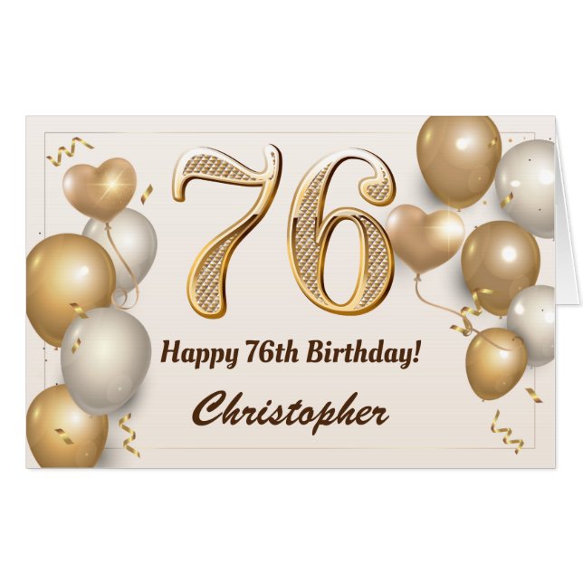 76th Birthday Gold Balloons Confetti Extra Large Card (Front Horizontal)