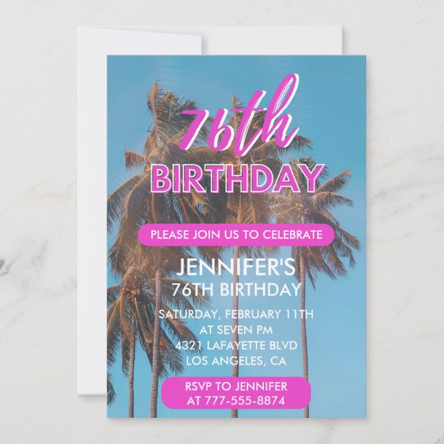 76th birthday invitation Summer Pink Palm tree (Front)