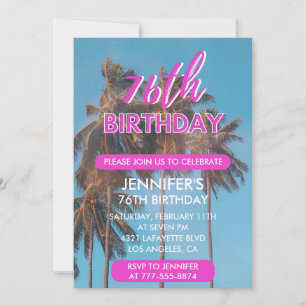 76th birthday invitation Summer Pink Palm tree