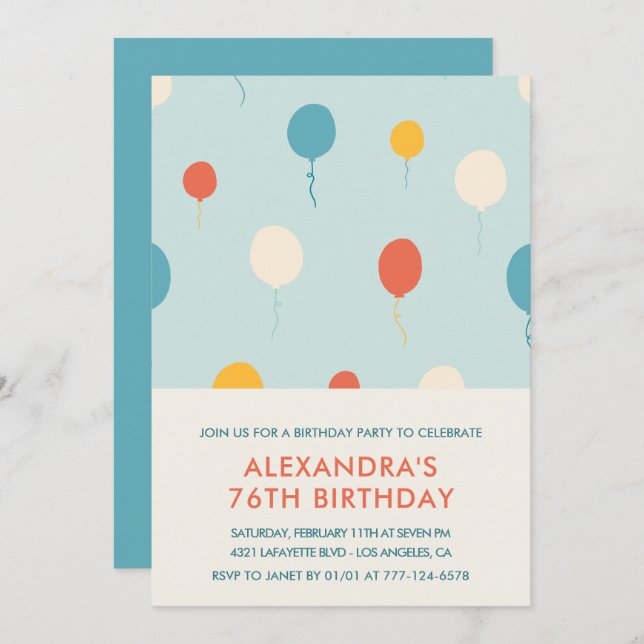 76th birthday invitations Balloons Modern  (Front/Back)