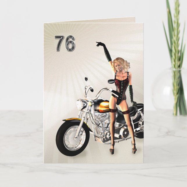 76th Birthday, Motorbike and Girl Card (Front)