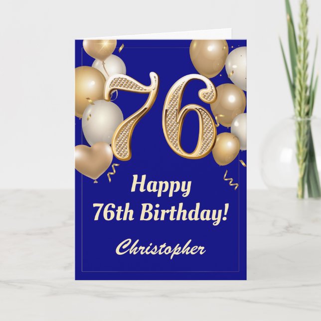 76th Birthday Navy Blue and Gold Balloons Confetti Card (Front)