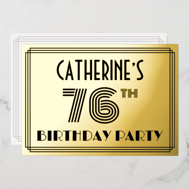 76th Birthday Party — Art Deco Style “76” & Name Foil Invitation (Front/Back)