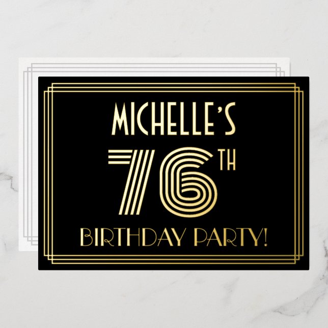 76th Birthday Party — Art Deco Style “76” + Name Foil Invitation (Front/Back)