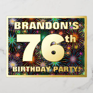 76th Birthday Party: Bold, Colorful Fireworks Look Foil Invitation Postcard
