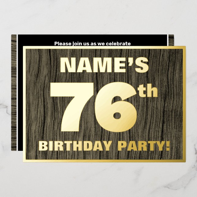 76th Birthday Party: Bold, Faux Wood Grain Pattern Foil Invitation (Front/Back)