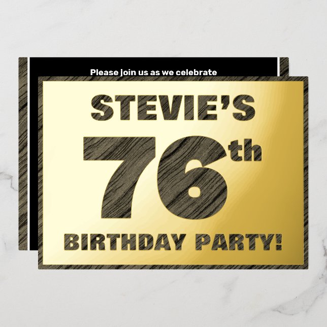 76th Birthday Party — Bold, Faux Wood Grain Text Foil Invitation (Front/Back)