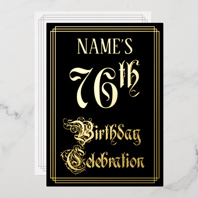 76th Birthday Party — Fancy Script & Custom Name Foil Invitation (Front/Back)