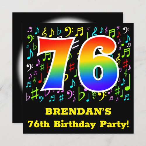 76th Birthday Party Fun Music Symbols Rainbow 76 Invitation