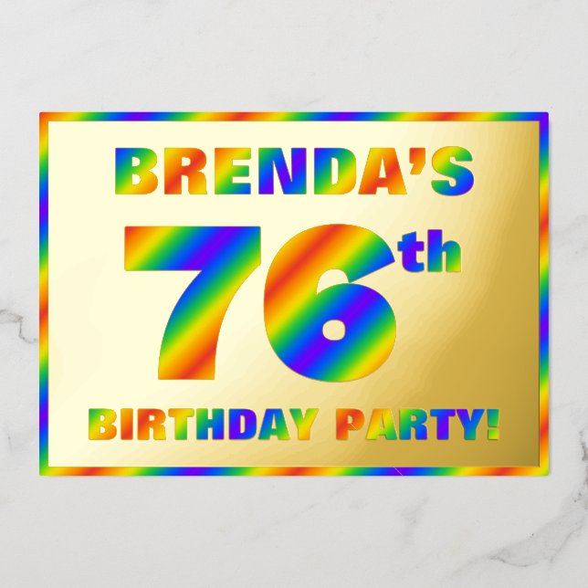 76th Birthday Party — Fun, Rainbow Spectrum “76” Foil Invitation (Front)