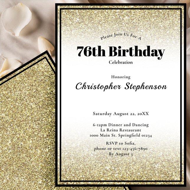 76th Birthday Party Invitation in Black and Gold (Creator Uploaded)