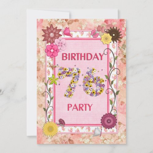 76th birthday party invitation with floral frame