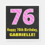 [ Thumbnail: 76th Birthday: Pink Stripes and Hearts "76" + Name Napkins ]