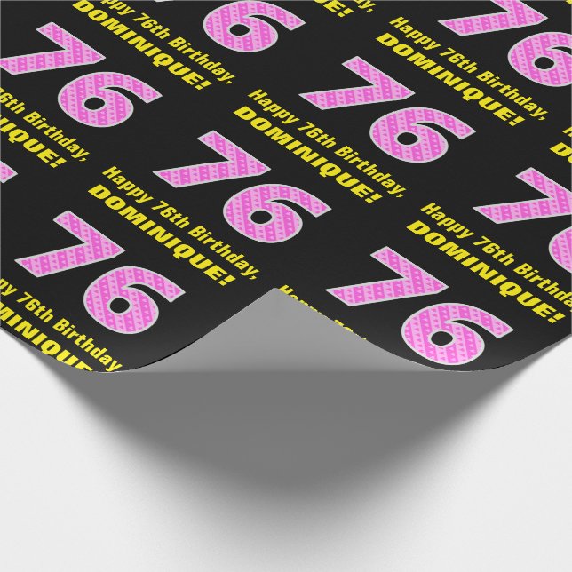 76th Birthday: Pink Stripes and Hearts "76" + Name Wrapping Paper (Corner)