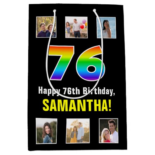 76th Birthday Rainbow 76 Custom Photos  Name Medium Gift Bag