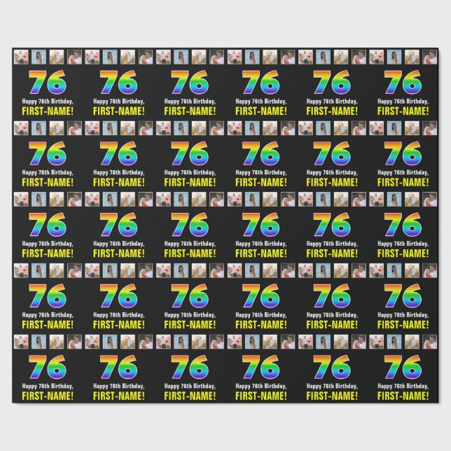 76th Birthday: Rainbow “76“; Custom Photos & Name Wrapping Paper (Seam)