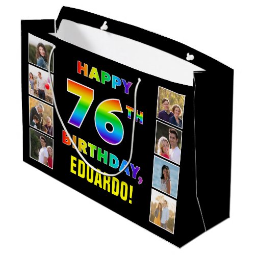 76th Birthday Rainbow Text Custom Photos  Name Large Gift Bag