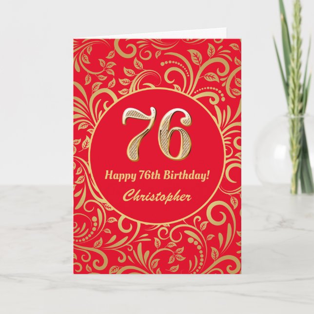 76th Birthday Red and Gold Floral Pattern Card (Front)