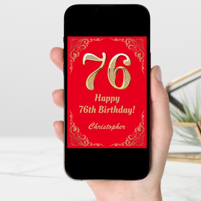 76th Birthday Red and Gold Glitter Frame Card (Front Digital)