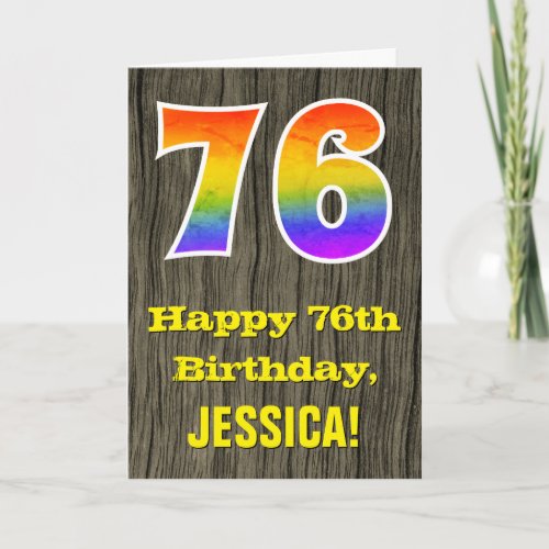 76th Birthday Rustic Faux Wood Look Rainbow 76 Card