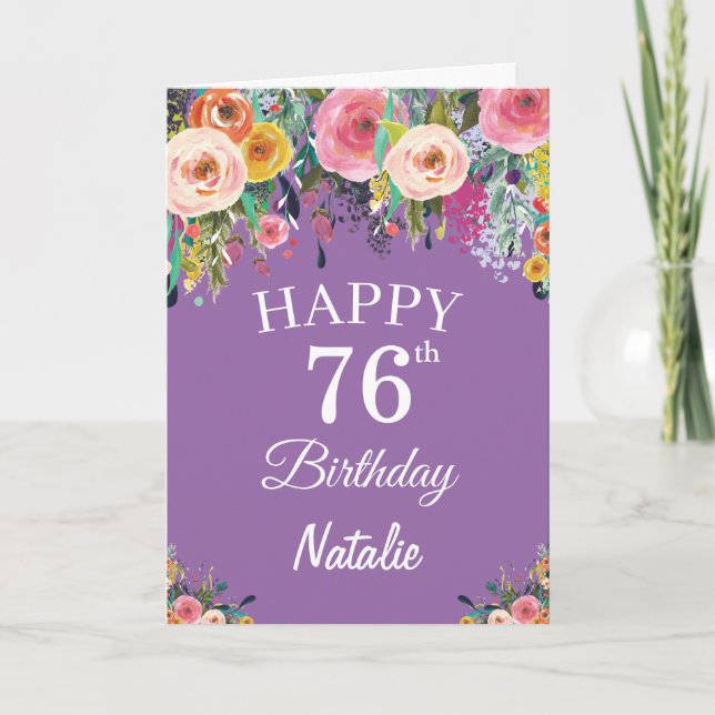 76th Birthday Watercolor Floral Flowers Purple Card (Front)
