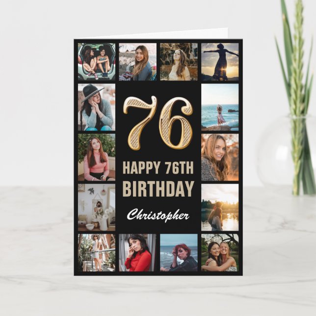 76th Happy Birthday Black and Gold Photo Collage Card (Front)
