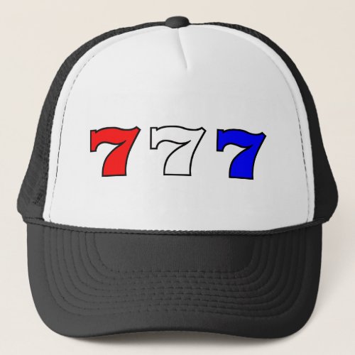 777 red white and blue trucker hat