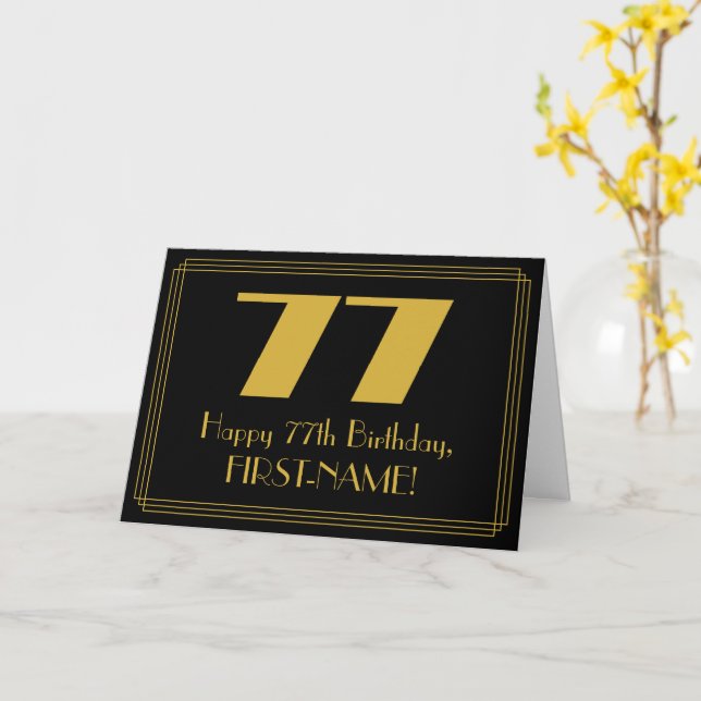 77th Birthday: Art Deco Inspired Look "77" & Name Card (Yellow Flower)