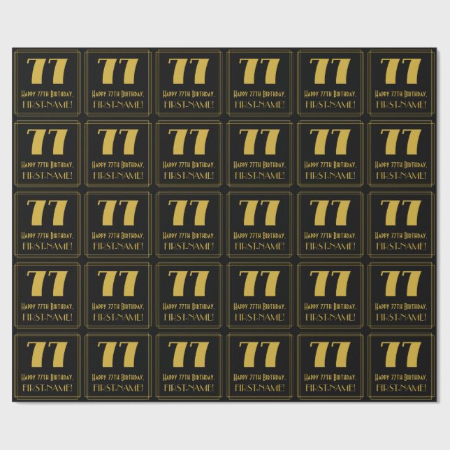 77th Birthday ~ Art Deco Inspired Look "77", Name Wrapping Paper (Flat)