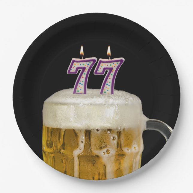 77th Birthday Beer on black Paper Plate (Front)