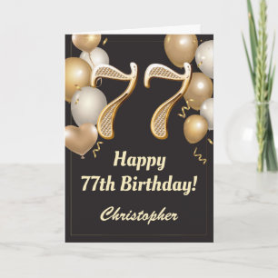 77th Birthday Black and Gold Balloons Confetti Card