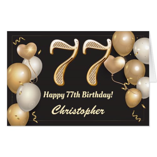 77th Birthday Black and Gold Balloons Extra Large Card