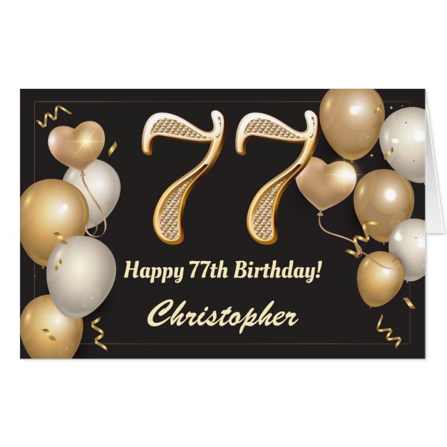 77th Birthday Black and Gold Balloons Extra Large Card (Front Horizontal)