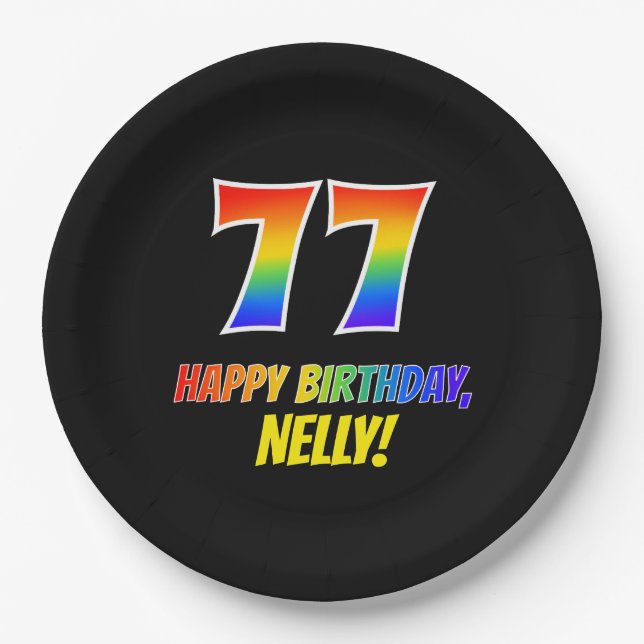 77th Birthday: Bold, Fun, Simple, Rainbow 77 Paper Plates (Front)