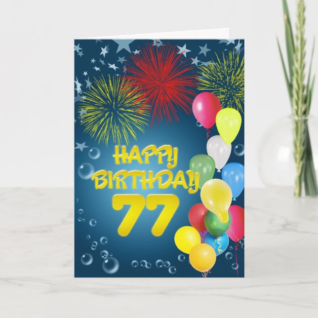 77th Birthday card with fireworks and balloons (Front)