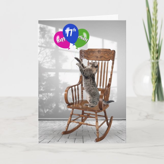 77th Birthday Cat With Balloons   Card (Front)
