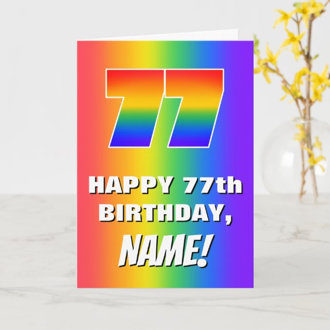 77th Birthday: Colorful, Fun Rainbow Pattern # 77 Card (Yellow Flower)
