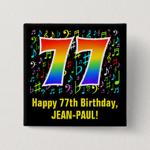 77th Birthday: Colorful Music Symbols, Rainbow 77 Button