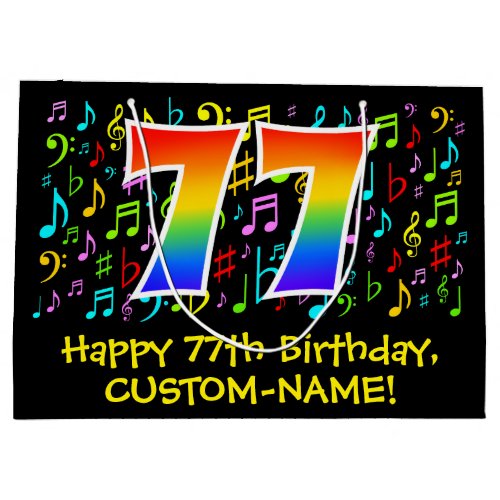 77th Birthday _ Colorful Music Symbols Rainbow 77 Large Gift Bag